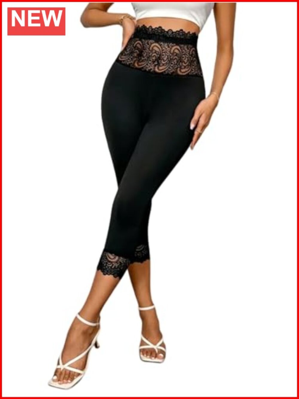 High Waist Capri Leggings 3/4 Length Lace Trim Yoga Pants Stretchy Lightweight